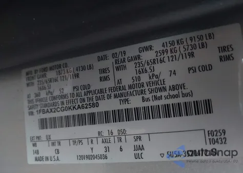 2019 Ford Transit-350 Xlt из США, поврежденный, VIN 1FBAX2CG0KKA62580